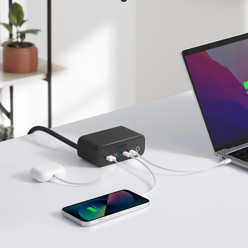 Anker 525 charging station in black with multiple USB ports for efficient device charging.