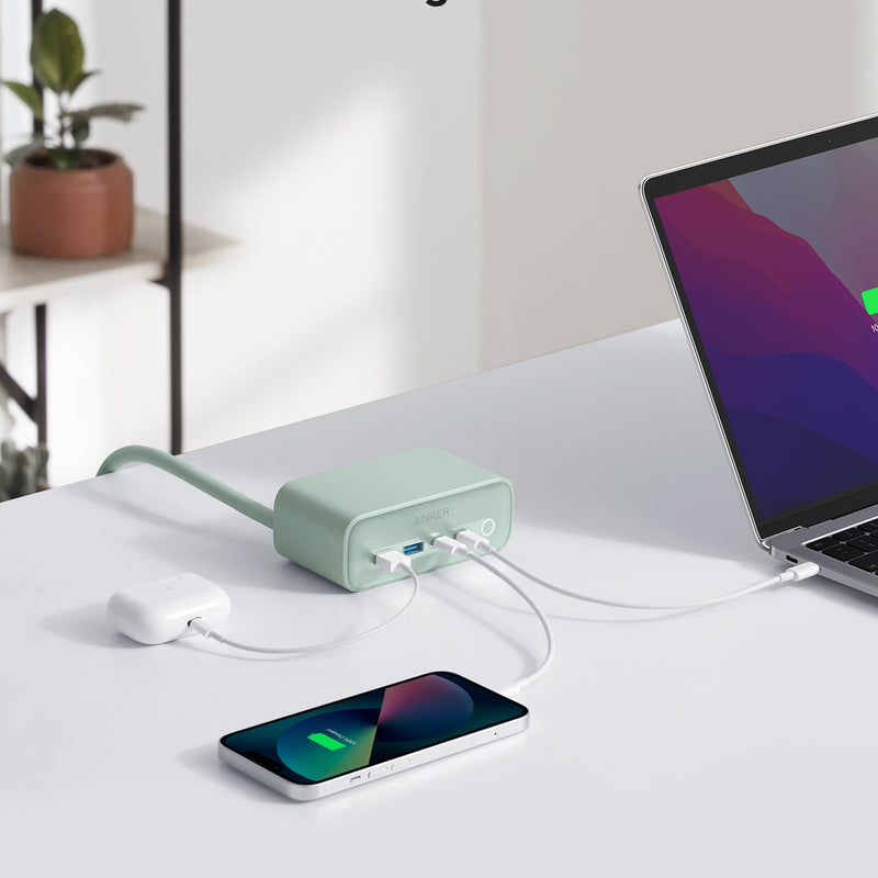 Anker 525 charging station in phantom black with multiple charging ports for smartphones, tablets, and devices.
