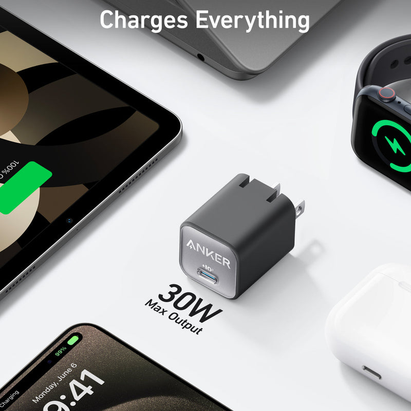 Anker Nano 30W charging-only USB-C power adapter in black with compact design and sleek finish.