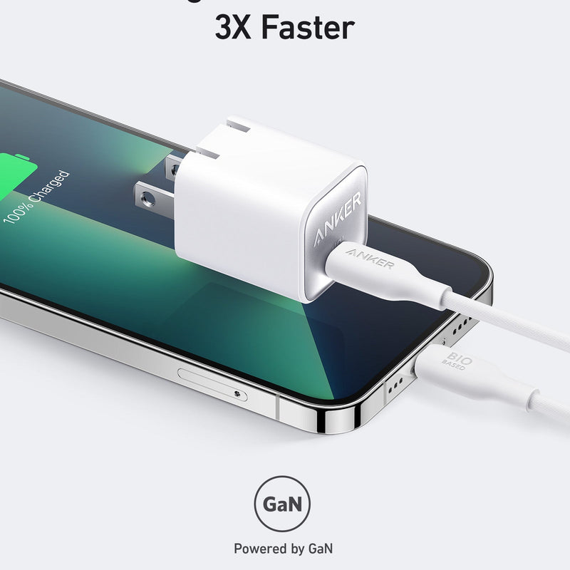Anker Nano 30W charging-only USB-C wall charger in black, compact design with flexible prongs for fast device charging.