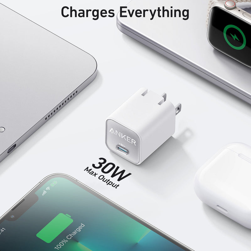Anker Nano Charger 30W in phantom black for fast charging of compatible devices, compact and sleek design.