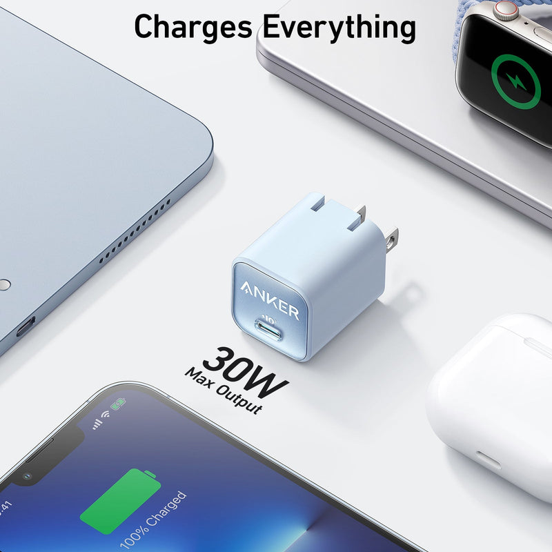 Anker Nano 30W charger in black, compact USB-C charging device for fast smartphone and device recharging.