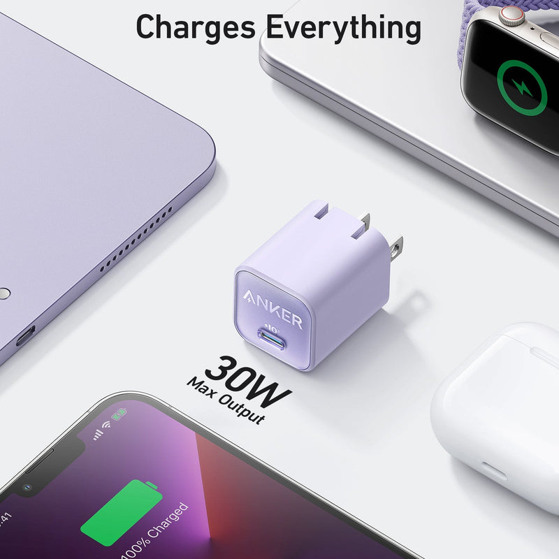 Anker Nano 30W charger in black, compact design, used for fast charging smartphones and devices.