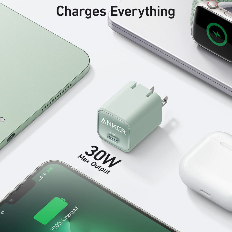 Anker Nano 30W charger in black, compact charging device with USB-C port, designed for fast charging smartphones and tablets.