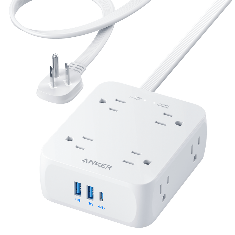 Anker 341 USB charging power strip in white with 5-foot cord, multiple USB ports for convenient device charging.
