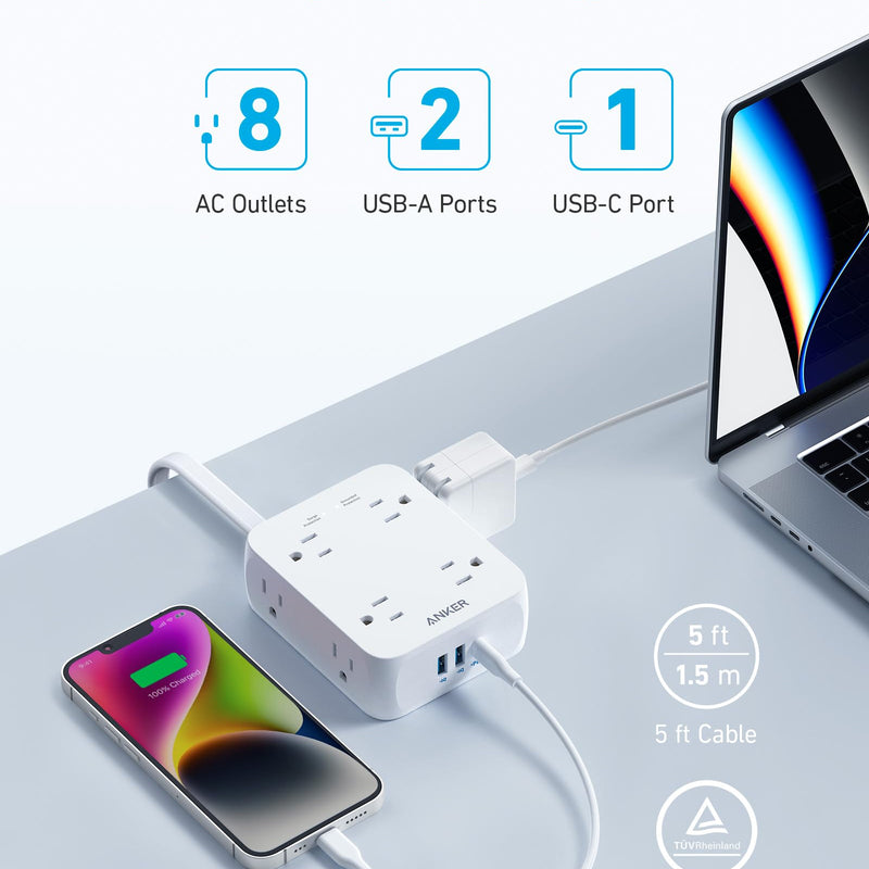 Anker 341 USB charging power strip with multiple USB ports and a white 5-foot cord for convenient device charging.