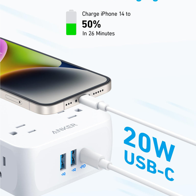 Anker 341 USB Power Strip with multiple USB charging ports, white color, 5-foot cord, designed for charging electronic devices.