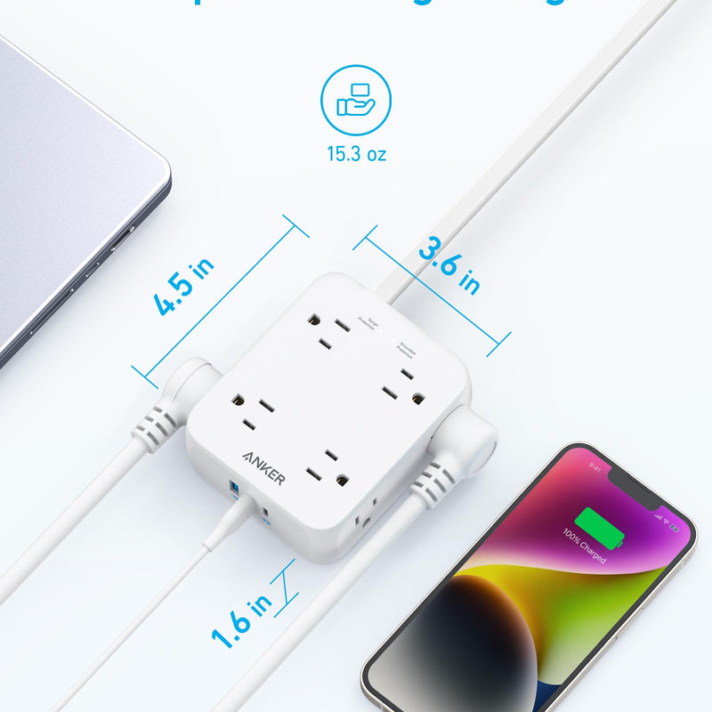 Anker 341 USB charging power strip in white with five-foot cord, multiple USB ports for device charging