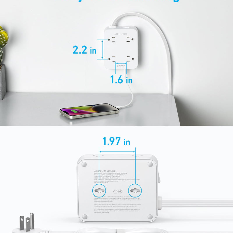 Anker 341 USB charging power strip with multiple USB ports and a 5ft white cord for convenient device charging.