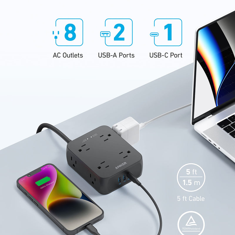 Anker 341 USB charging power strip in white with 5-foot cord and multiple USB ports for convenient device charging.