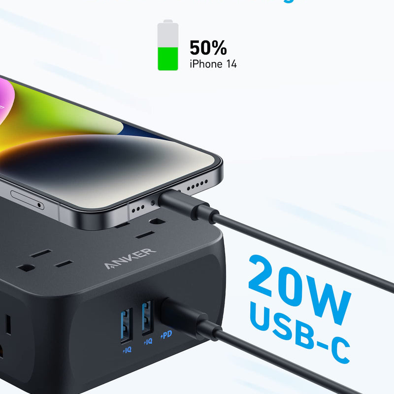 Anker 341 USB charging power strip with multiple USB ports and a white 5ft cord, designed for convenient device charging.