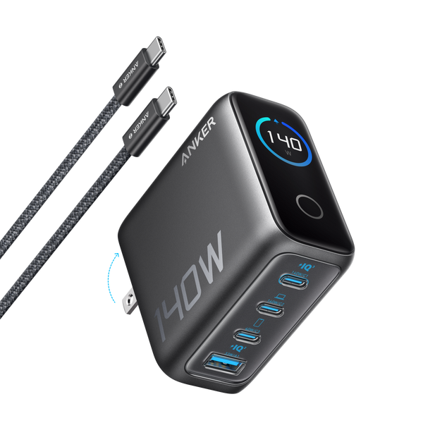 Anker 140W 4-port USB-C charger with PD 3.1 and included USB-C cable, dark gray, versatile fast-charging device