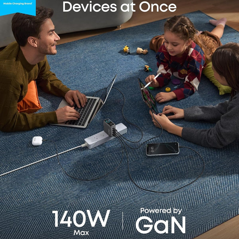 Anker 140W 4-port USB-C charger with PD 3.1 and included USB-C cable, dark gray color, compact and versatile charging device.