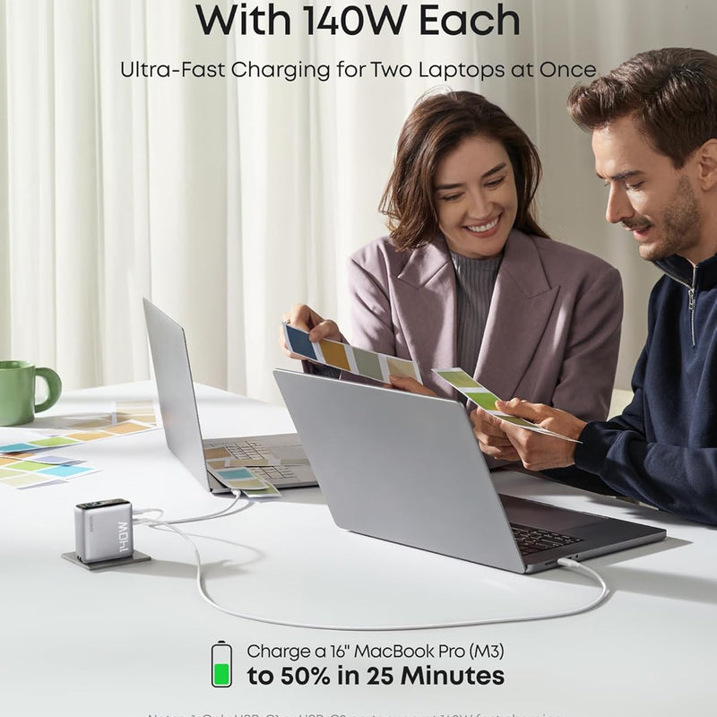 Anker 140W 4-port USB-C charger with PD 3.1 and included USB-C cable, dark gray, compact and versatile for fast charging.
