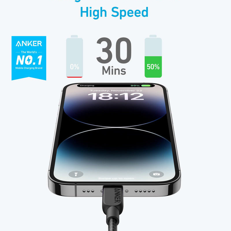 Anker 310 USB-C to Lightning Cable 6 ft, 2-pack, showing durable braided design and connectors for fast charging and data transfer