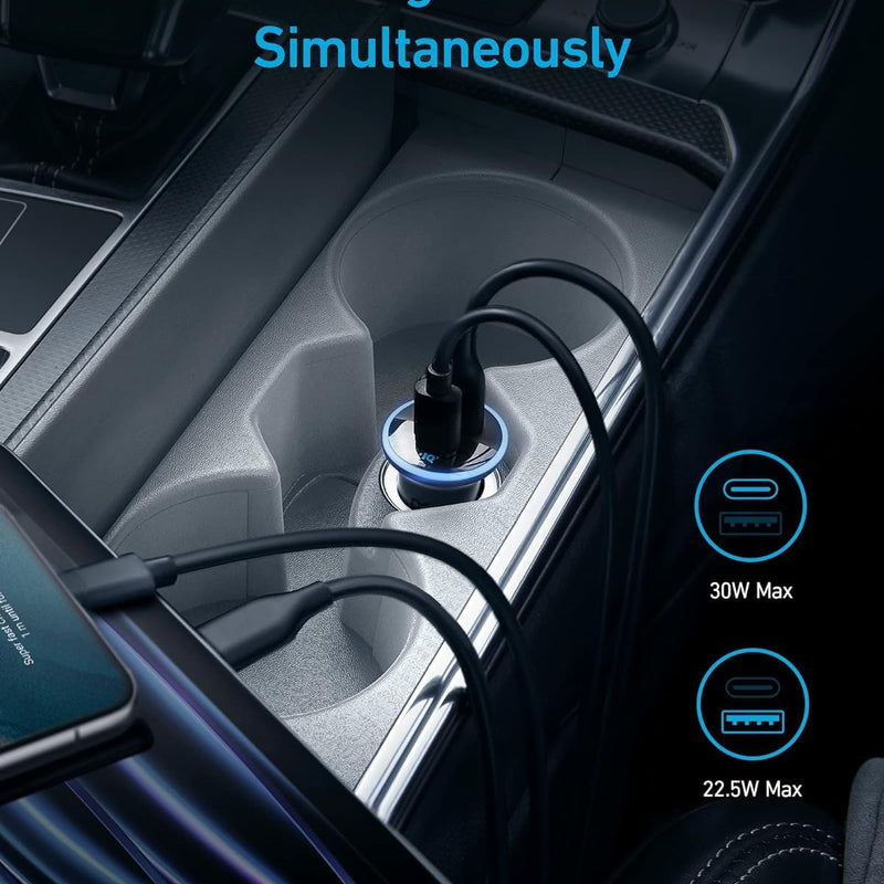 Anker 323 Car Charger with 52.5W power output, compact design, and dual USB ports for fast device charging in a vehicle.