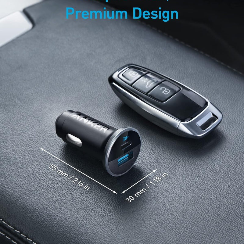 Anker 323 Car Charger with 52.5W power output, shown plugged into a vehicle's cigarette lighter socket.