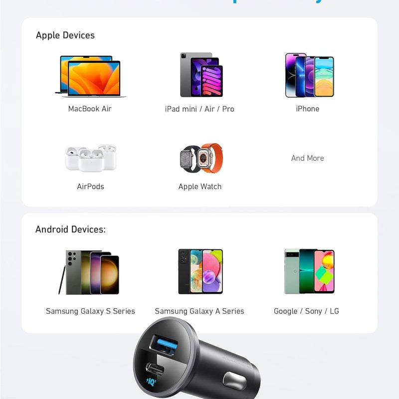 Anker 323 Car Charger delivering 52.5W power, compact design with dual USB ports for fast device charging in a vehicle.