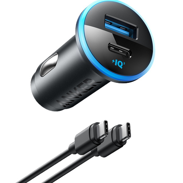 Anker 323 Car Charger with 52.5W power output, featuring dual USB ports for fast device charging in a vehicle.