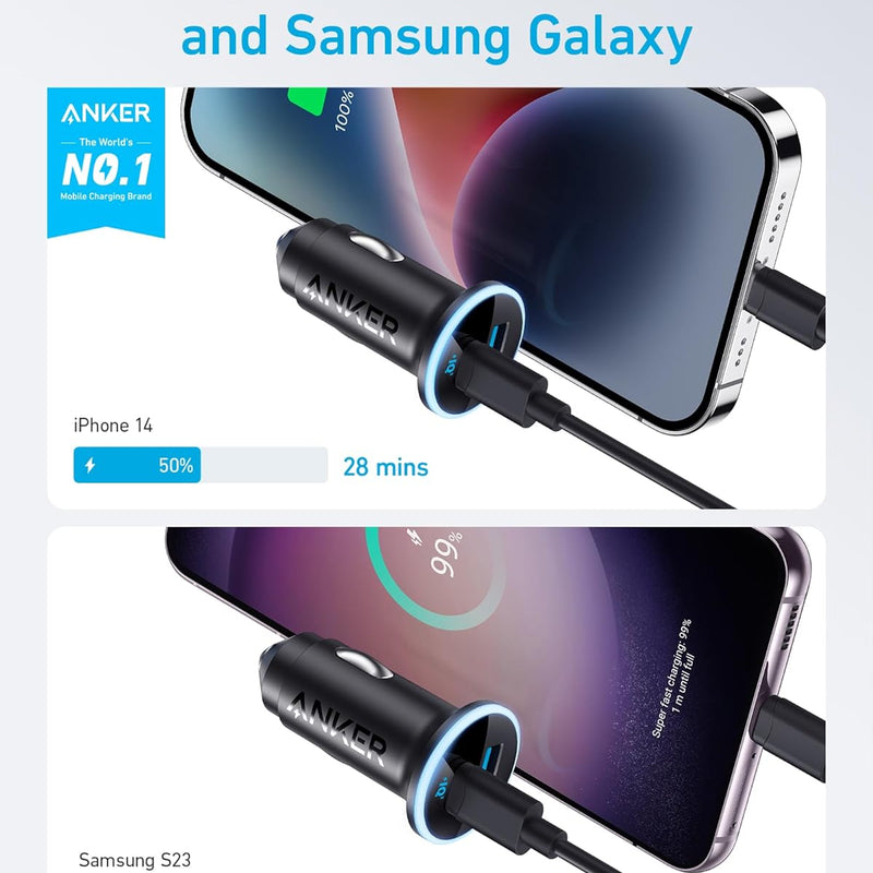 Anker 323 Car Charger with 52.5W power output plugged into a vehicle's cigarette lighter socket.