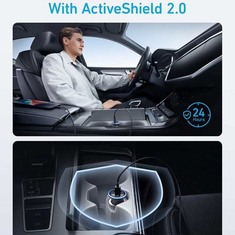Anker 323 Car Charger with 52.5W power output, compact design, and USB ports for fast charging in a vehicle.
