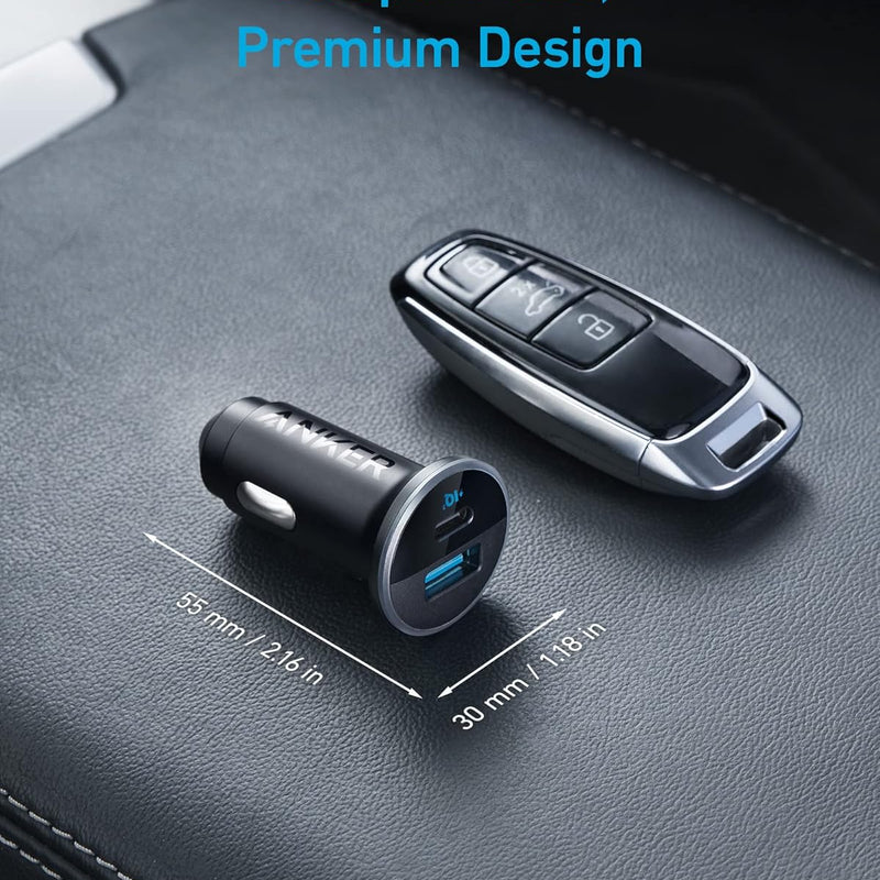 Anker 323 Car Charger with 52.5W power output, compact design, and dual USB ports for fast device charging in vehicles.