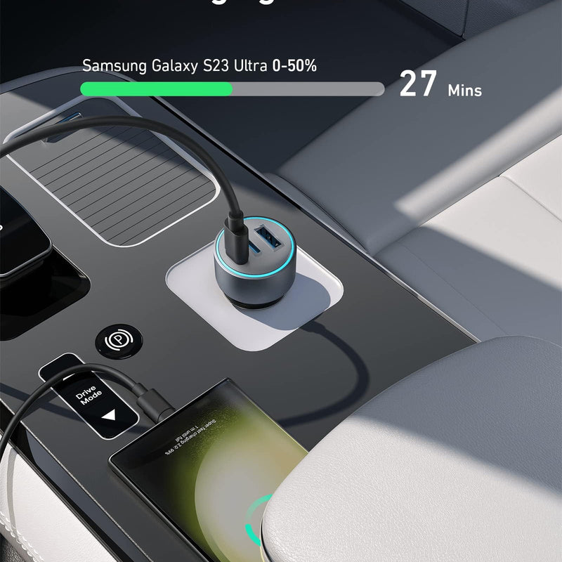 Anker 535 Car Charger 67W with dual USB ports for fast charging in a vehicle, compact design for on-the-go power.