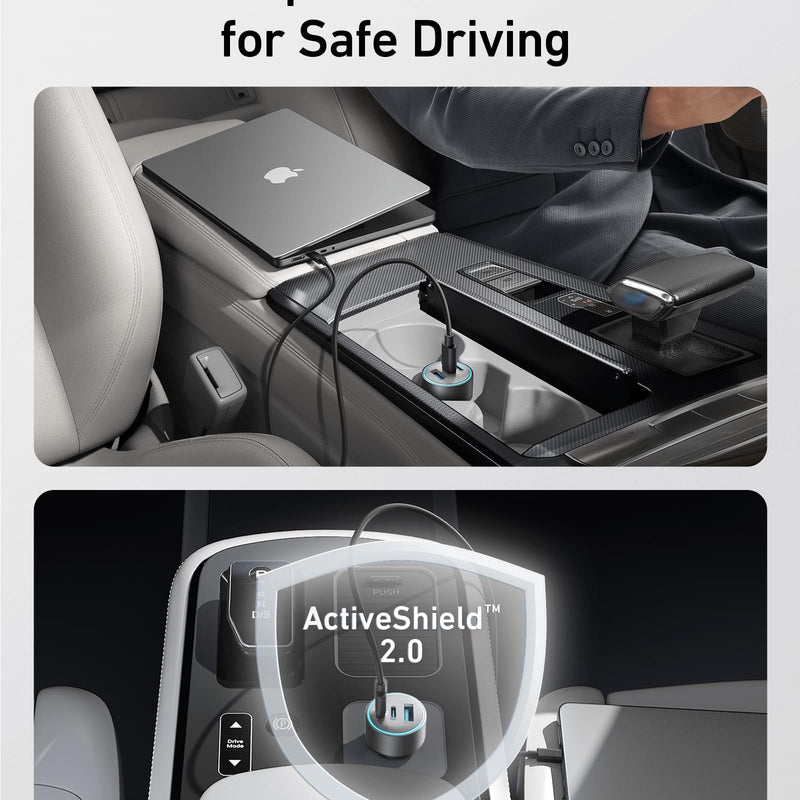 Anker 535 Car Charger 67W plugged into a vehicle's cigarette lighter socket, with dual USB ports for fast device charging.