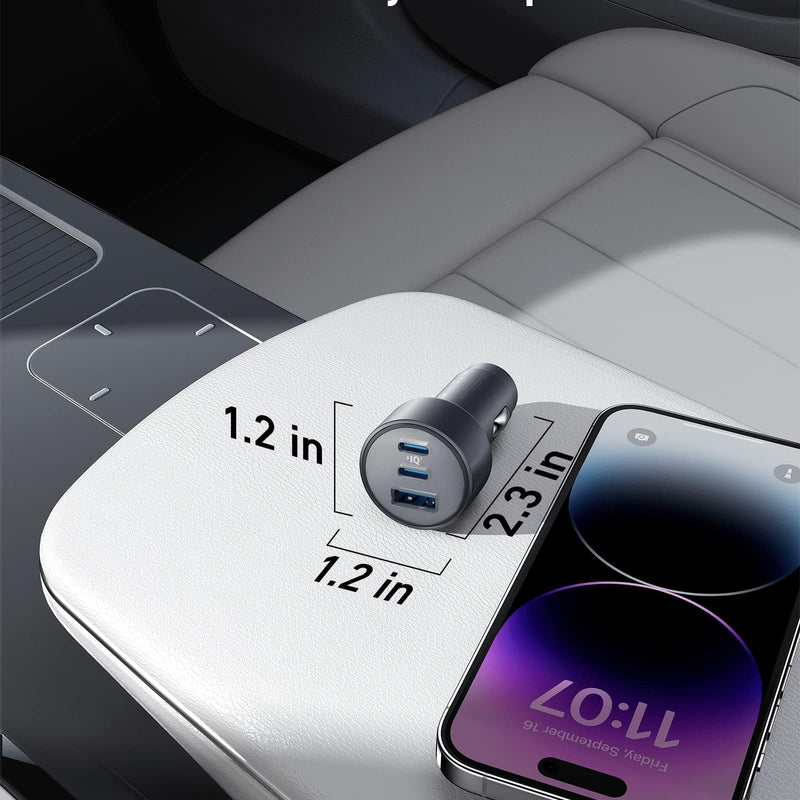 Anker 535 Car Charger 67W shown plugged into a vehicle's power outlet with dual USB ports for fast charging devices.