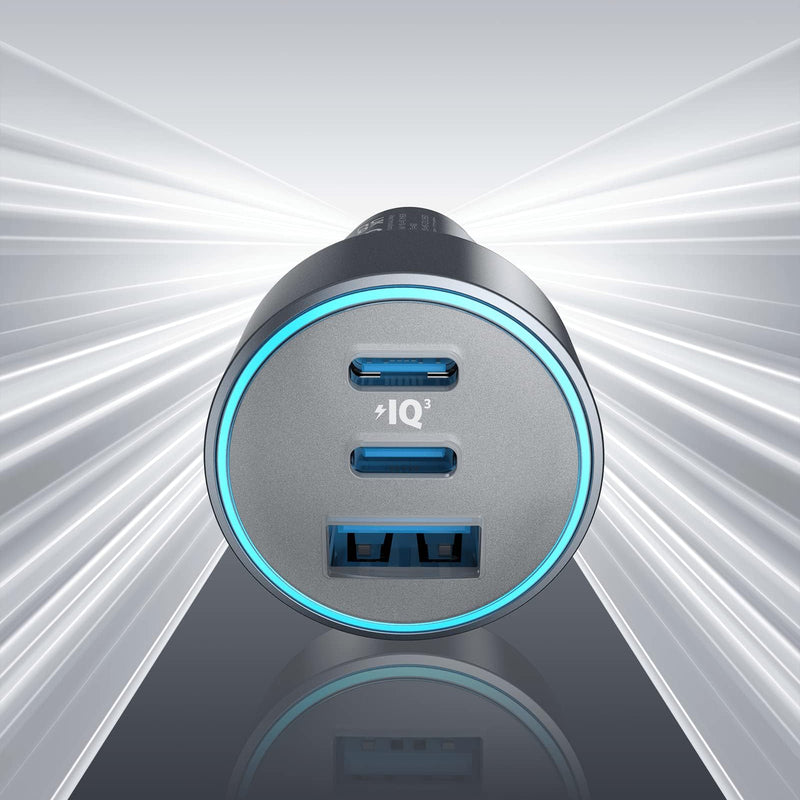 Anker 535 Car Charger 67W with dual USB ports for fast charging in a vehicle.