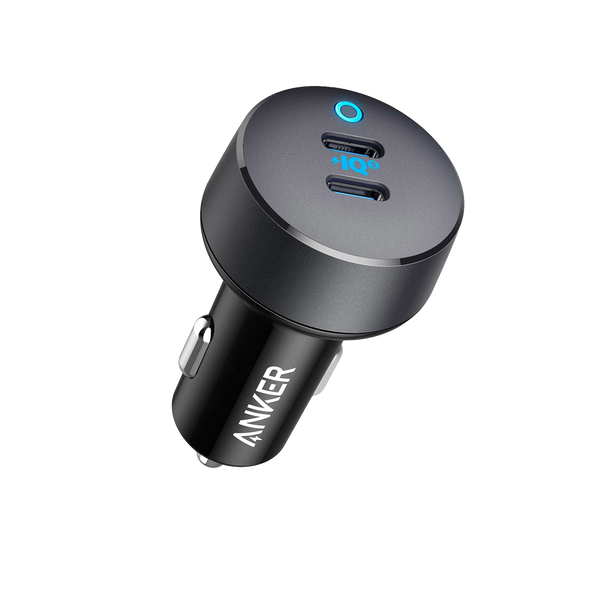 Anker PowerDrive III Duo USB-C car charger with dual ports, compact design, and sleek black finish for fast vehicle charging.