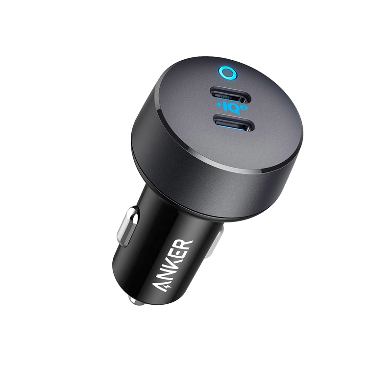 Anker PowerDrive III Duo USB-C car charger with dual ports, compact design, and sleek black finish for fast vehicle charging.