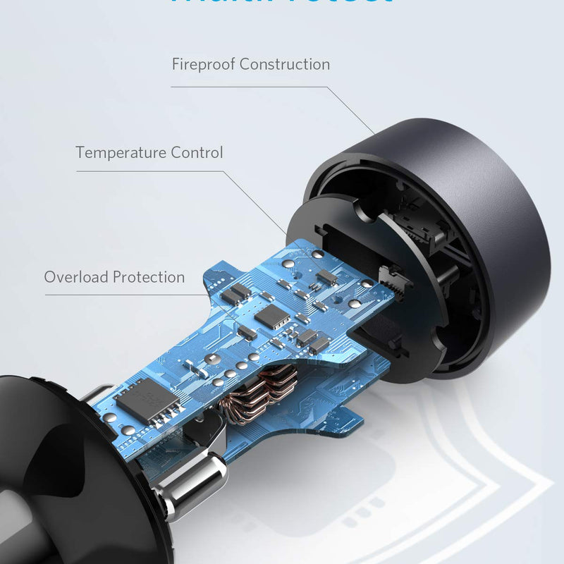 Anker PowerDrive III Duo USB-C car charger plugged into a vehicle's cigarette lighter socket, showing dual USB-C ports.