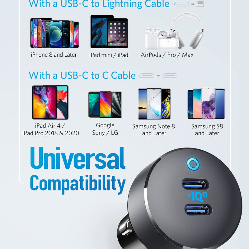Anker PowerDrive III Duo USB-C car charger with two USB-C ports for fast device charging in a vehicle.