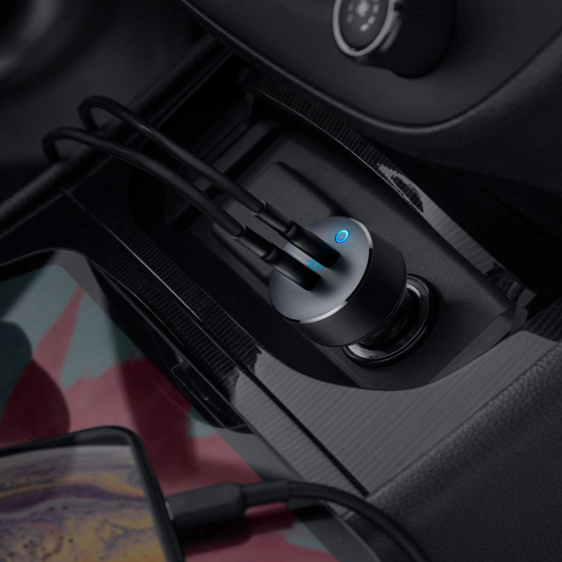 Anker PowerDrive III Duo USB-C car charger with two charging ports, compact design, and sleek black finish.