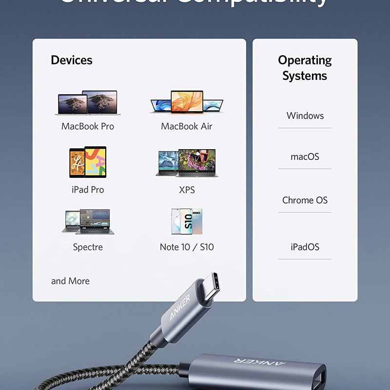 Anker PowerExpand USB-C to DisplayPort adapter connecting a laptop to a monitor with a DisplayPort cable.