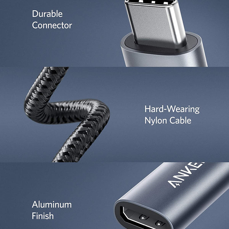 Anker PowerExpand USB-C to DisplayPort adapter connected to a laptop for connecting to a display or monitor.