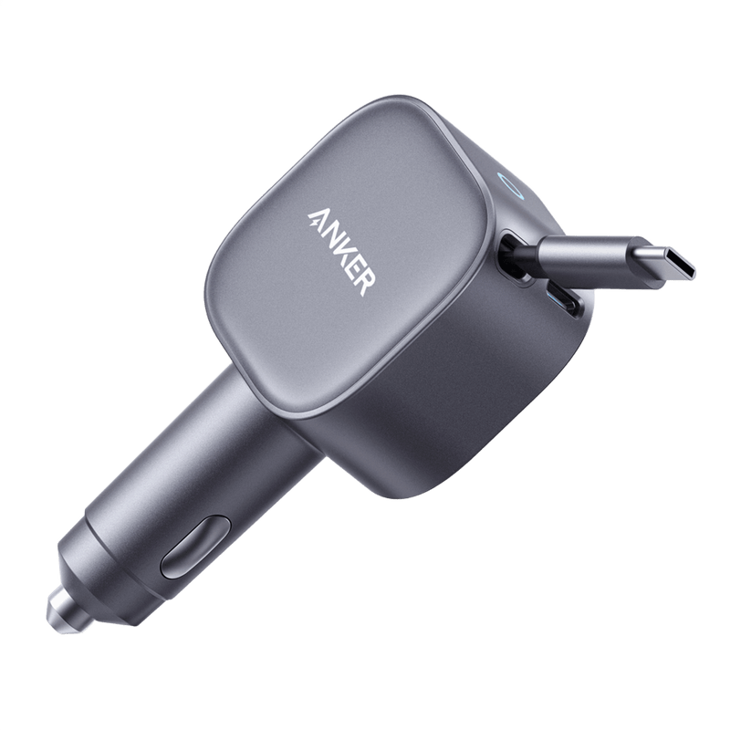 Anker Nano 75W car charger plugged into a vehicle's cigarette lighter socket, compact design with USB-C port for fast charging.