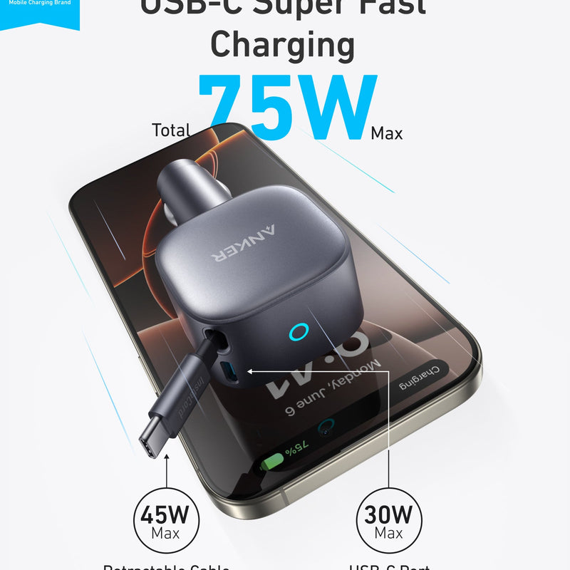 Anker Nano 75W Car Charger plugged into a vehicle's cigarette lighter port, compact design with USB-C port for fast charging.