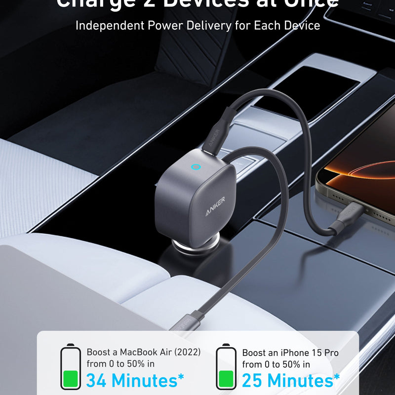 Anker Nano 75W car charger plugged into a vehicle's cigarette lighter socket, compact and lightweight design for fast charging.