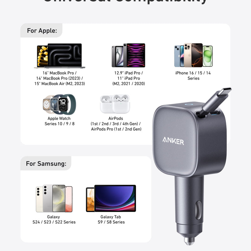 Anker Nano 75W car charger with compact design, featuring USB-C port for fast charging in a vehicle.