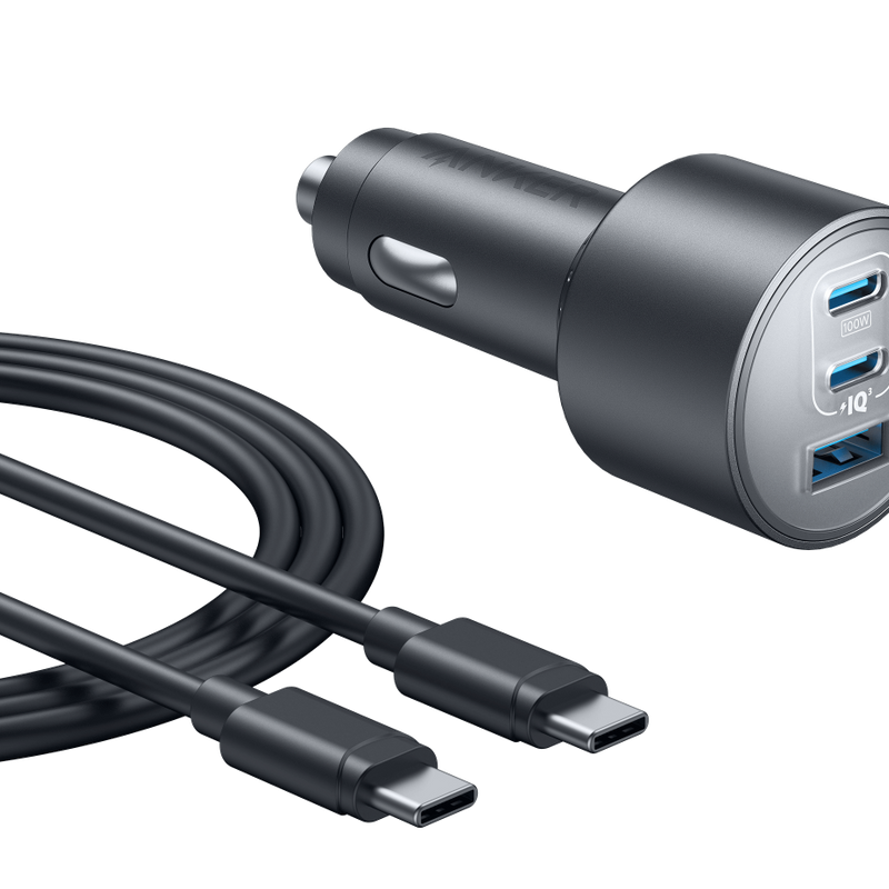 Anker Nano car charger with 3 USB ports and 167.5W power output, compact and sleek design for fast vehicle charging.