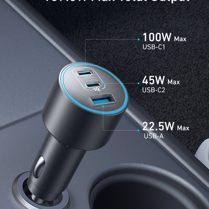 Anker Nano Car Charger with 167.5W power and 3 USB ports, compact black device for fast vehicle charging.