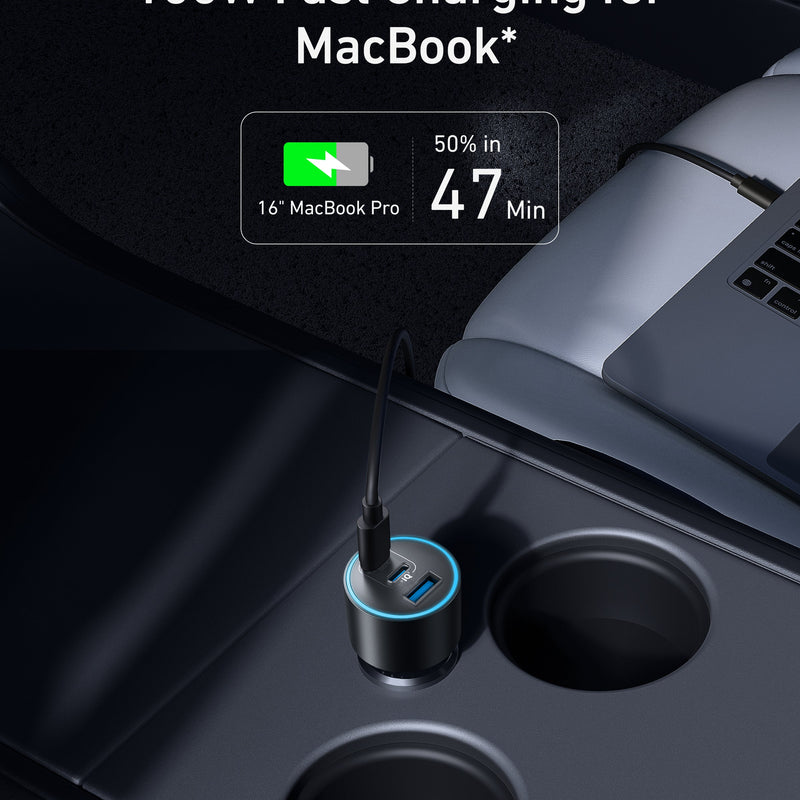 Anker Nano Car Charger with three USB ports and 167.5W power, compact design for fast device charging in vehicles.