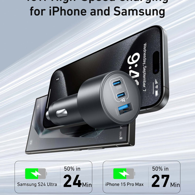 Anker Nano car charger with three USB ports and 167.5W power output, shown plugged into a vehicle's cigarette lighter socket.