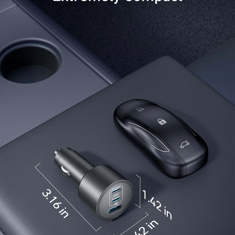 Anker Nano Car Charger with 3 USB ports and 167.5W power output for fast charging in a sleek black design