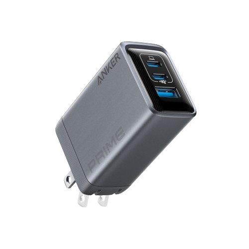 Anker Prime Charger 100W with three USB-C ports, GaN technology, compact design for fast charging multiple devices.