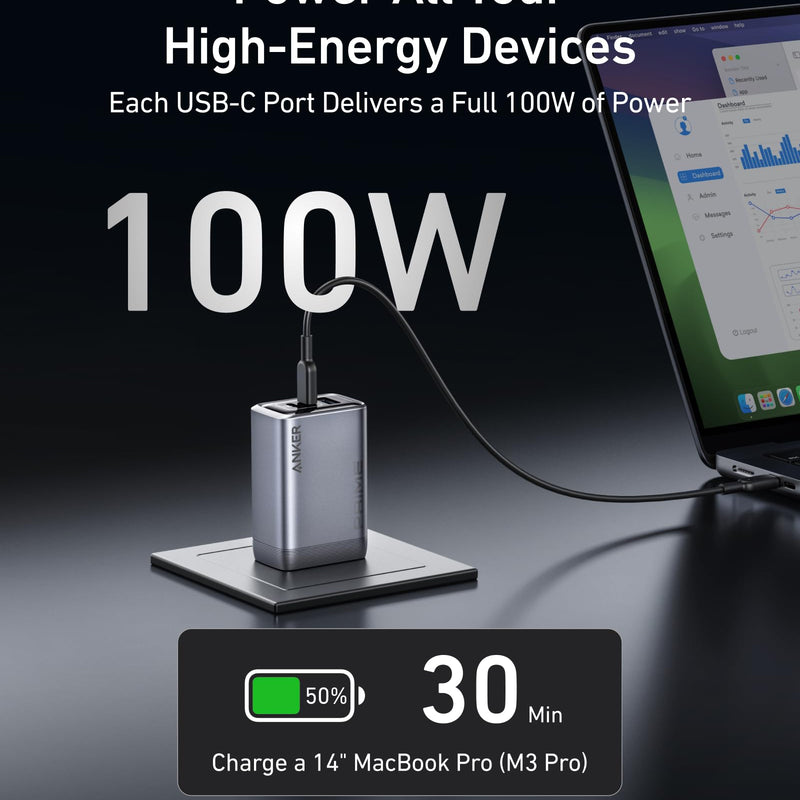 Anker Prime Charger 100W with 3 ports, GaN technology, sleek black design for fast multi-device charging.
