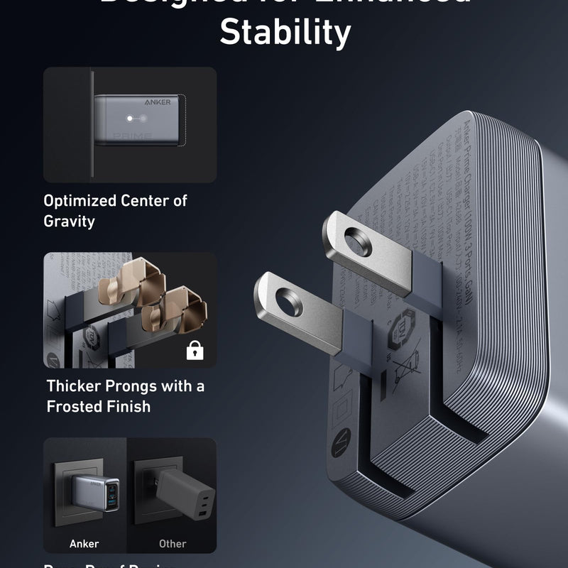 Anker Prime Charger with 100W power, three ports, GaN technology, compact design, and black finish.