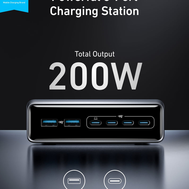 Anker Prime 200W GaN charger with six USB ports for fast multi-device charging.